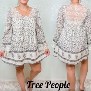 Free People XS Boho Floral Tunic Mini Dress Lace Back Peasant Top